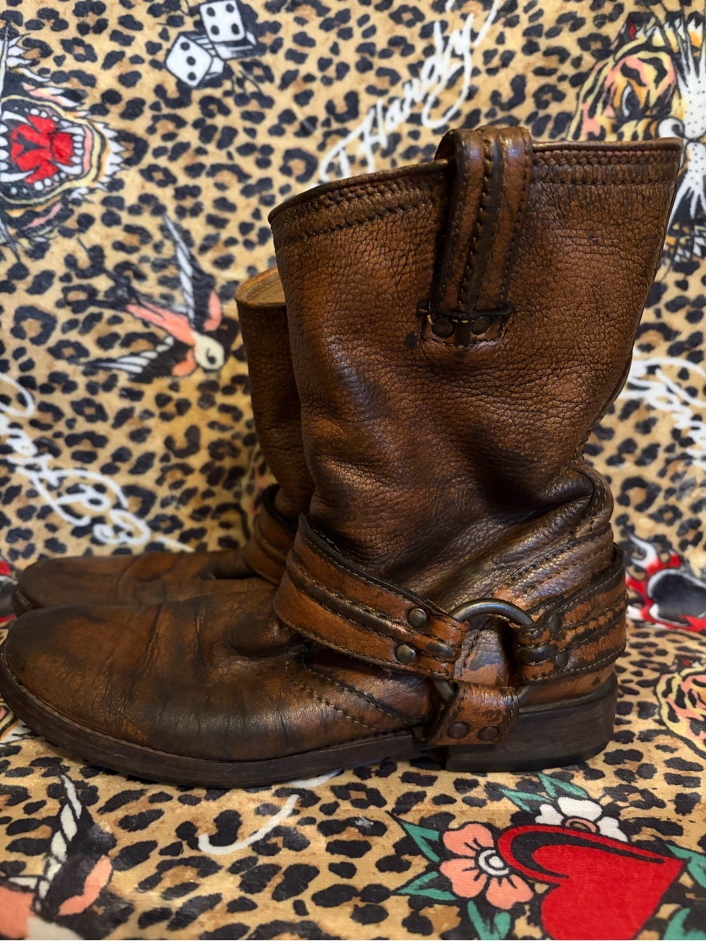 VINTAGE FRYE RARE Maxine Trapunto Brown Leather Harness Boots Women's style#7792 - Picture 5 of 10